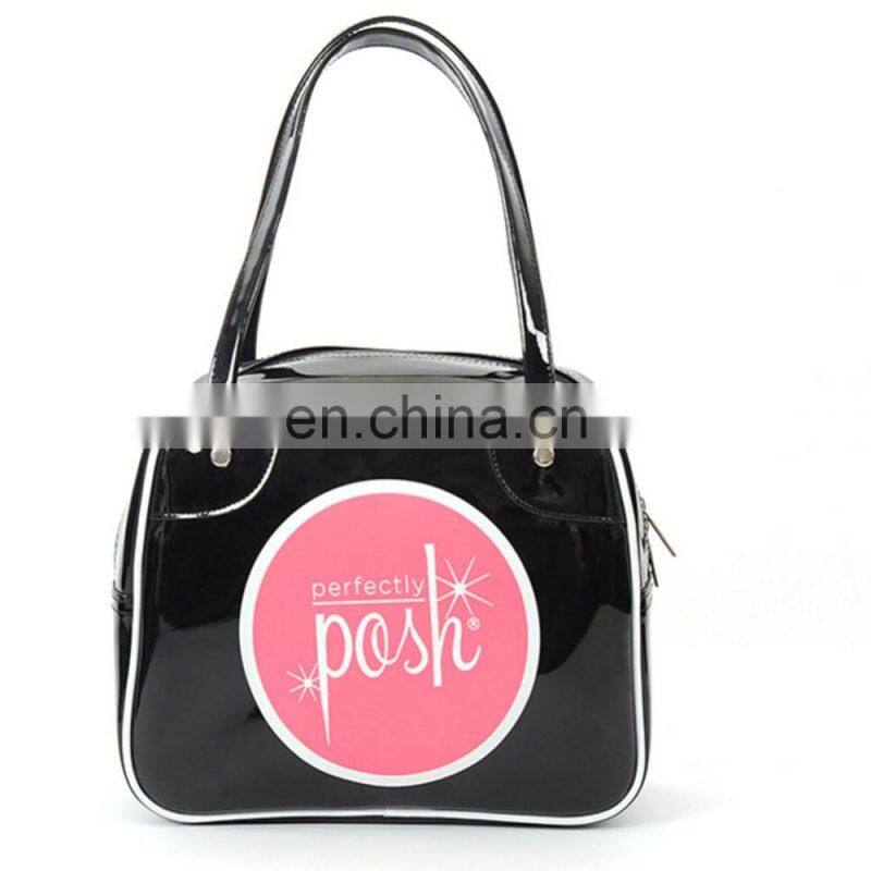 Women Fashionable Small Black Printed Vinyl Handbag