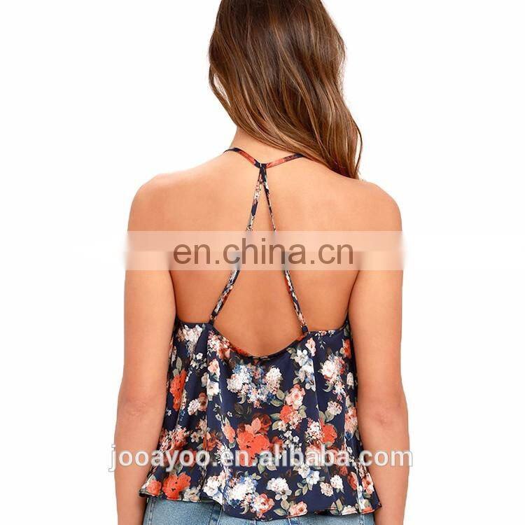 Latest Design Girls Lace - Up Deep V Neck Print Floral Navy Blue Sexy Ladies Halter Lace Crop Top