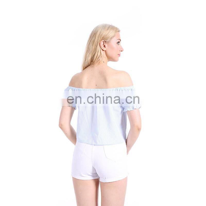 2017 Europe summer women new strapless dress shirt striped Joker slim short sleeve shirt