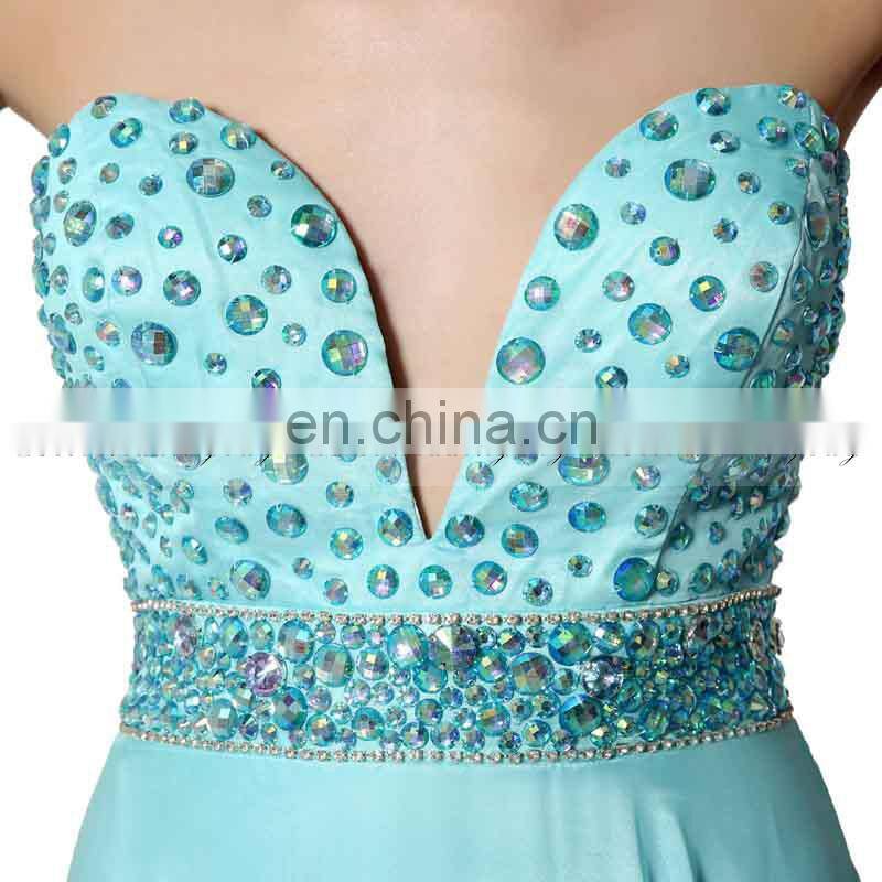 Captivating Gowns With Plunging Necklines Sky Blue Chiffon Crystal Evening Dresses Long Evening Dresses AJ003