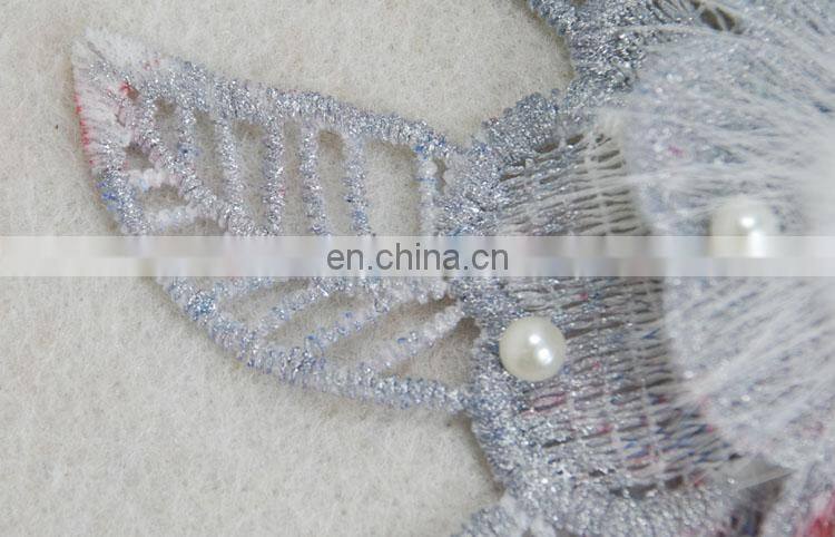 Embroidery flower with pearl and fur pompom applique