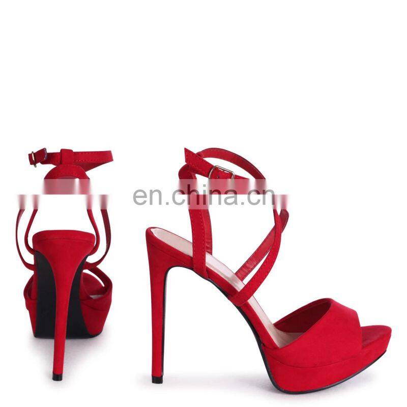 Red color high stiletto heeled women platform with crossover front strap ladies ankle strap shoes available in other colors