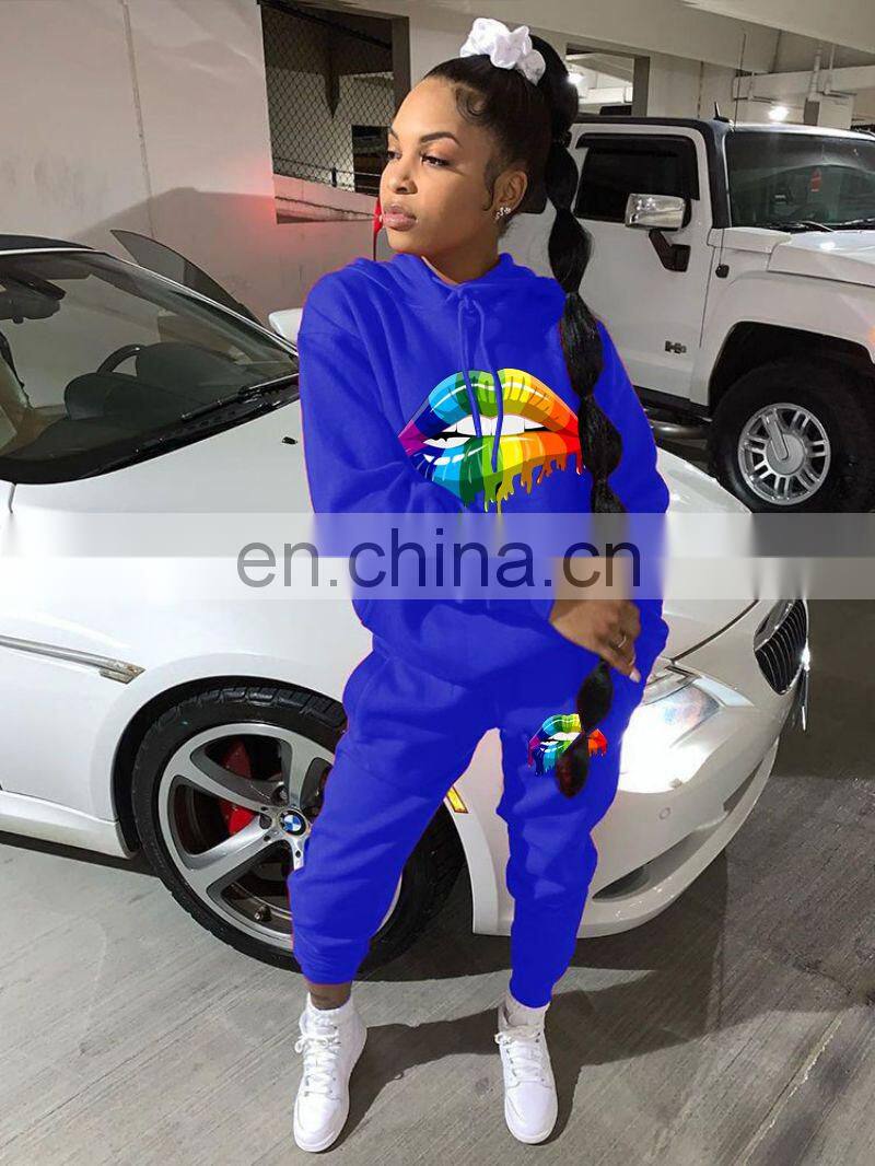 Wholesale custom ladies suit printed hooded long sleeve sweater casual suit Sports long hooded printed suit Casual style