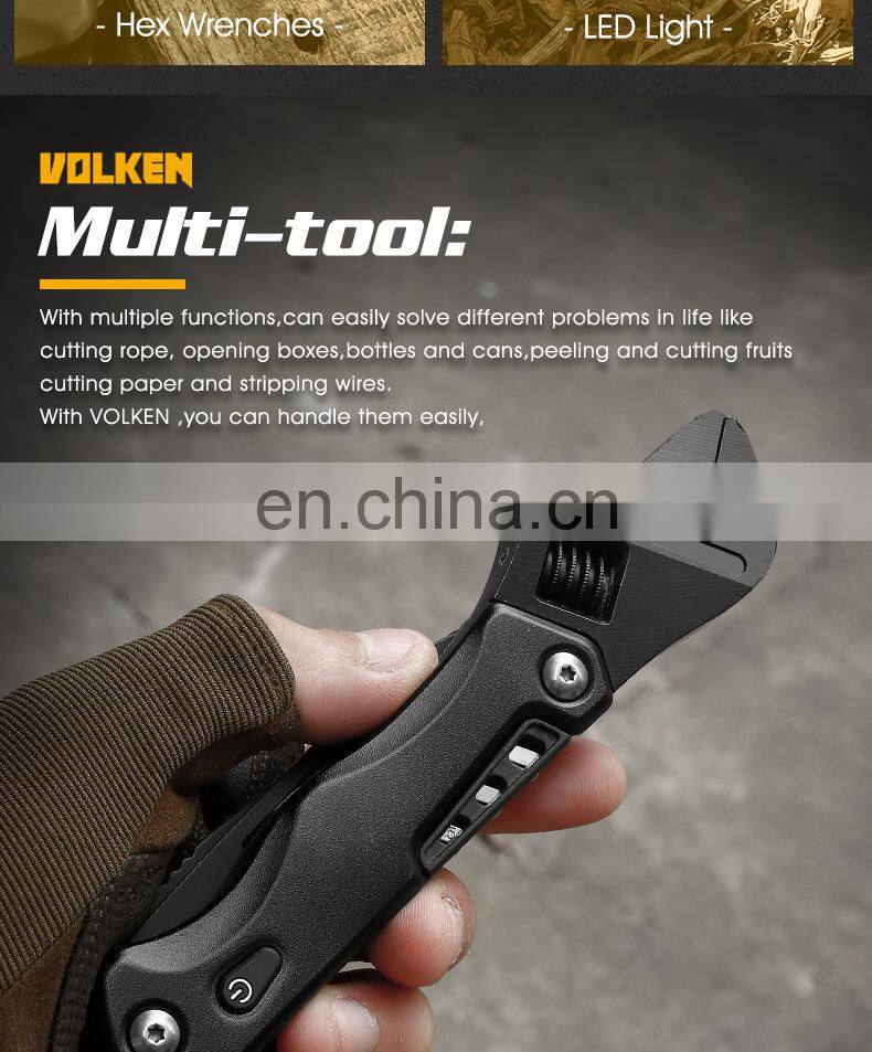 All black adjustable wrench for outdoor multi-purpose combination tool wrench with light attached