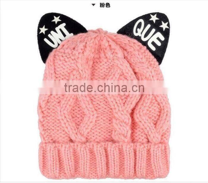 Unique Printed Cat Ear Decorated Polar Fleece Inside Twisted Knitting Women Girls Hat