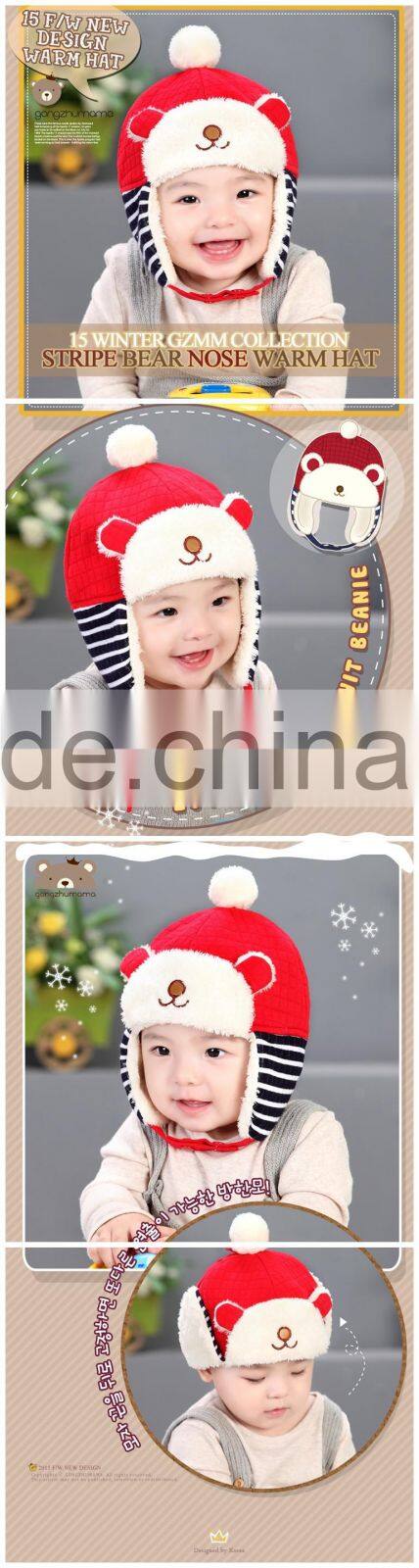 Autumn Winter Newest Checked Striped Bear Style Baby Kids Pom Poms Earflap Winter Wool Hat