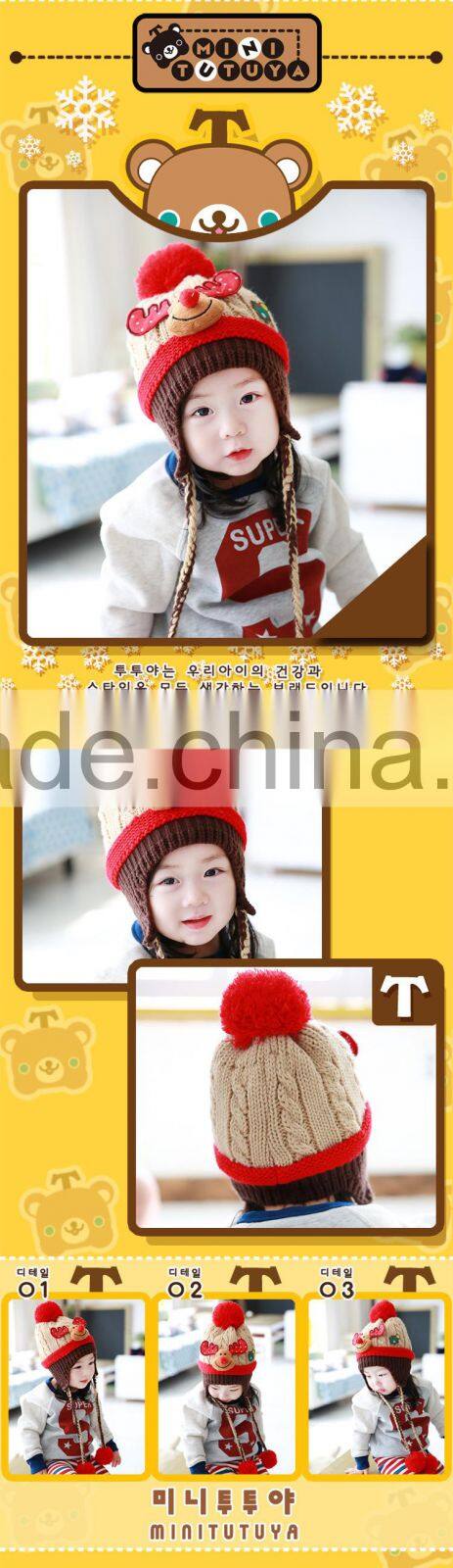 Newest Christmas Tree and Deer Head Applique Pigtail Pom Pom Baby Kids Knitting Winter Caps and Hats