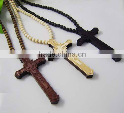Wooden Cross Pendant with a 36 Inch Wood Beaded Necklace Chain