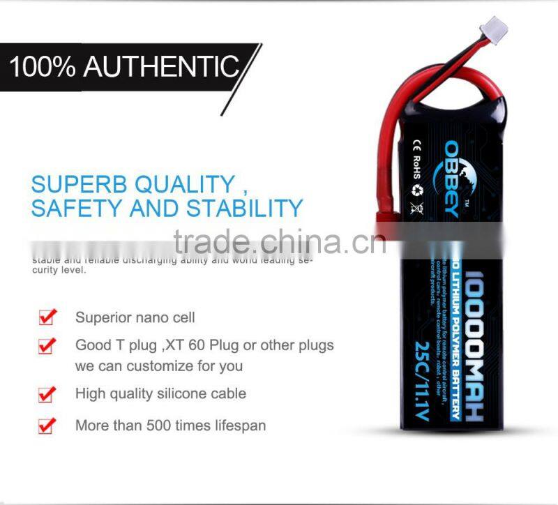 High density China 11.1V 10000mAh lithium polymer battery rechargeable battery for RC
