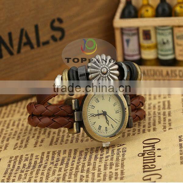 2016 new fashion real leather bracelet watch handmade woven leather watch bracelet with high quality