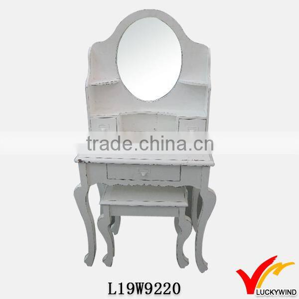 french vintage white wooden dressing table with mirror and stool