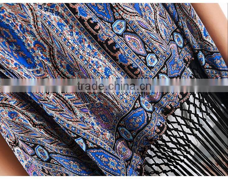 2016 Summer Fashion Women Crop Top Tassel Fringe Off Shoulder Printed Ethnic Sexy Spaghetti Strap Tank Top Ladies Floral Blouses