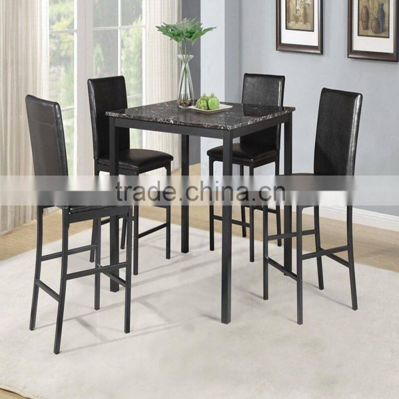 High quality modern marble top table with 4 leather chairs set metal dining set