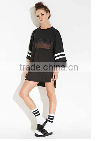 Guangzhou Factory Supplier Mesh Insert Loose Boyfriend women long jersey tops with Stripe Sleeve