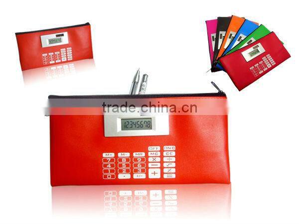 Zip wallet leather pencil box with calculator