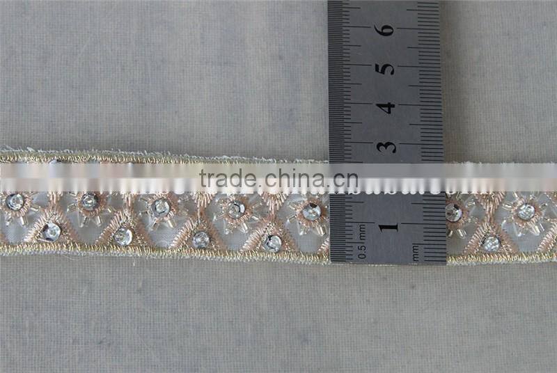 2.5cm beaded organza embroidery lace trim with cup sequins in rose gold