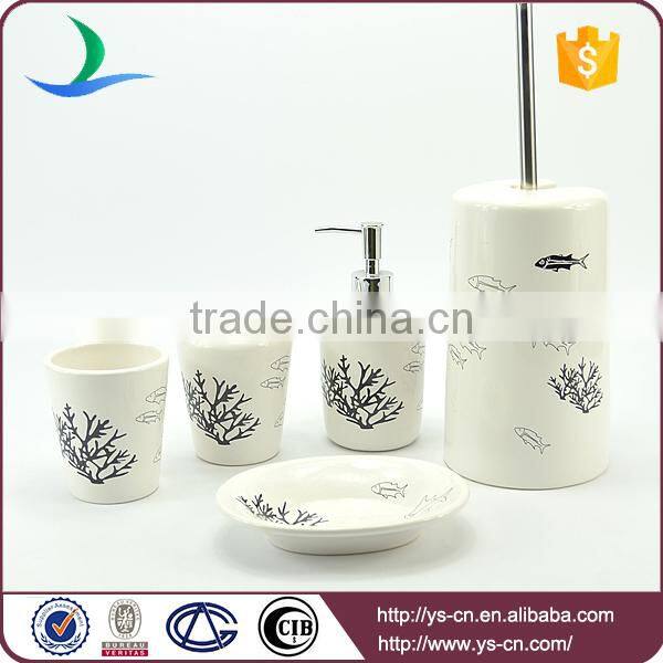 Cylinder Fish Sea-weed Pattern Ceramic Sea Life Bathroom Set