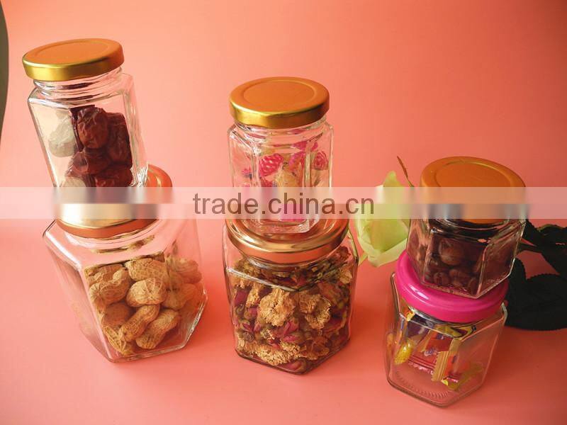 jars type hexagon glass caviar jar with black metal lid