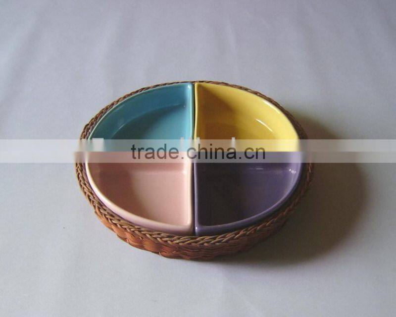 Colorized ceramic snack triangle dish with rattan tray