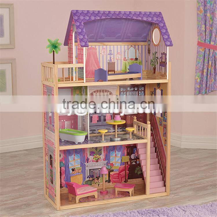 New design luxurious and attractive 34 furniture pieces girls wooden doll house toys W06A217