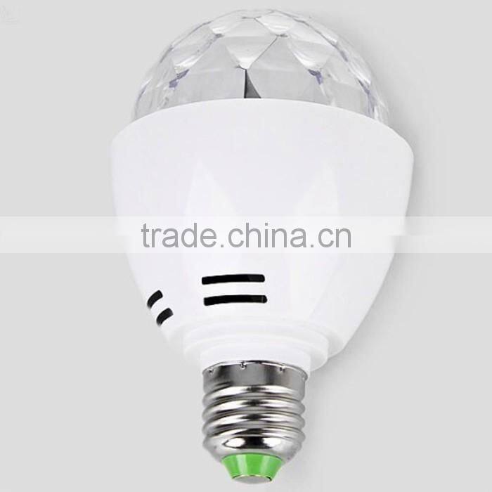Hot selling Auto Mini Party Induction Light LED Bulbs E27 3W Bulb Full Color RGB LED Plastic Rotating Lamp with Remote Control