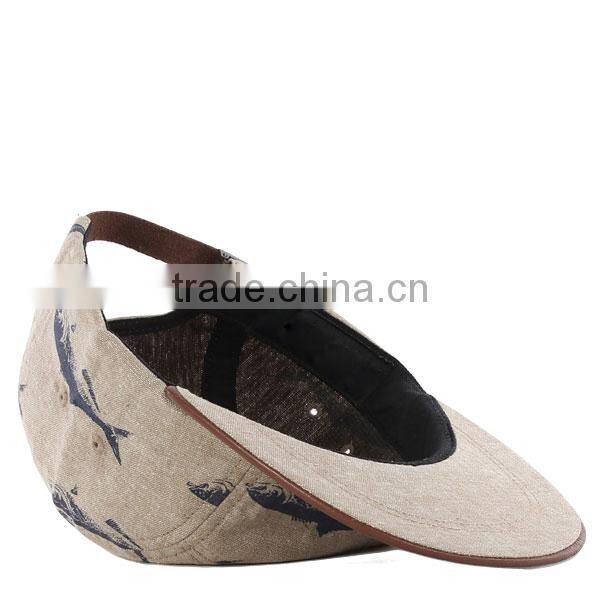 Fish Pattern 5 Panel Hat Leather Brim Cheap Fashion Custom Blank 5 Panel Hat