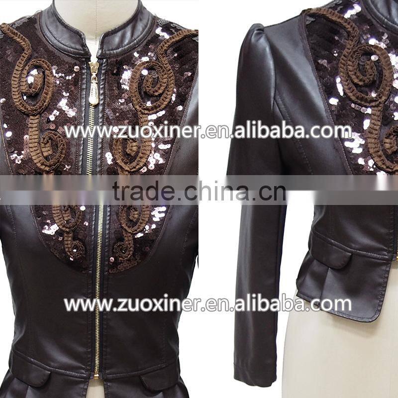 2014 newst style women's fashion lace with leather pu jacket