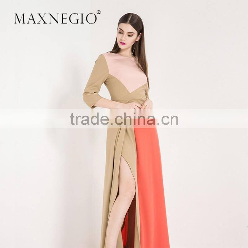 Latest design fashion contrast color ladies high quality elegant long sleeve and maxi evening dress 2016