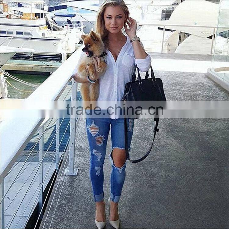 2016 new brand Simple Clothing hole torn female jeans women's cool denim pants straight jeans for girl vintage casual pants