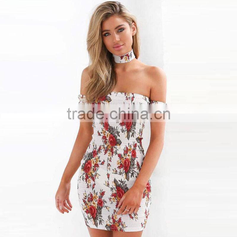 New Sexy Off Shoulder Dresses Women Summer Flowers Bodycon Party Dresses With Choker