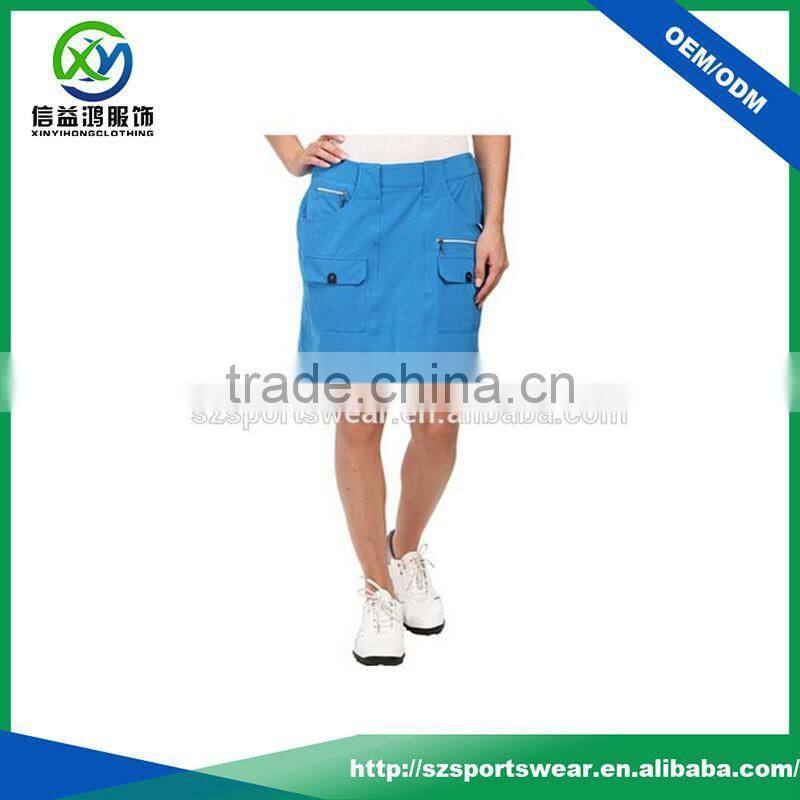 2016 newest design polyester fabric front pocket pure color golf skirt