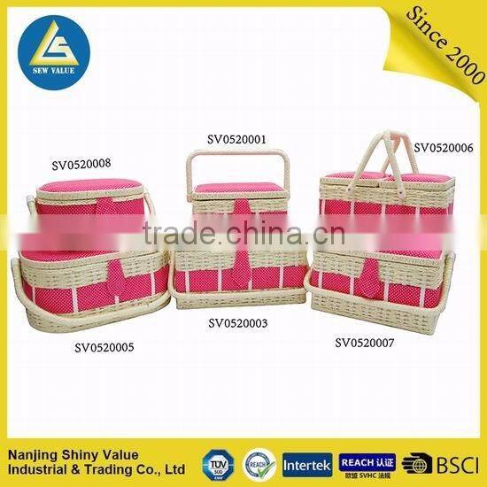 bamboo woven basket small size with white dot on pink cotton fabric