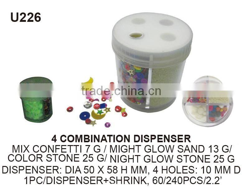 4 Style plastic craft material colored glow sand, stone, sequin W/ combination dispenser
