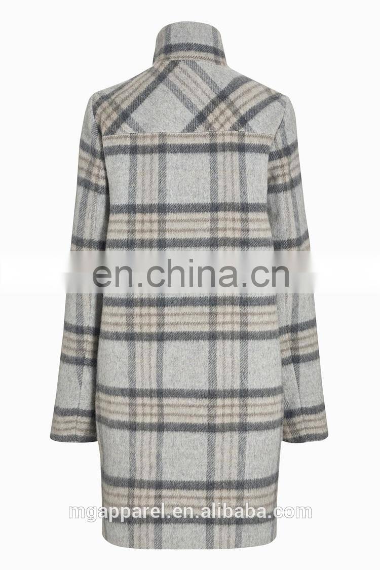 wholesale OEM high quality women winter long coat grey soft wool check coat