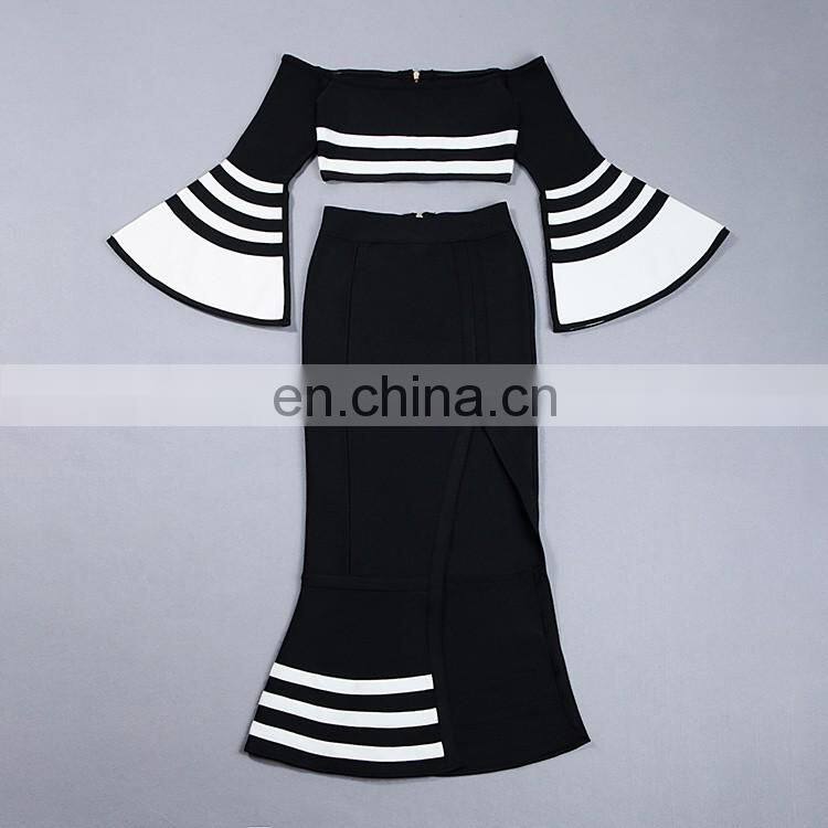 2017 new black and white strips navy style bandage dress 2pcs sets