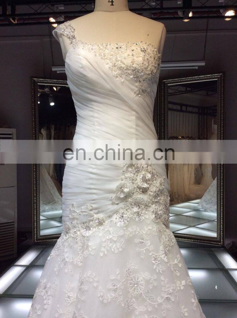 1A179 Charming Ruffle Mermaid Small Train Wedding Gown Beaded Sweetheart Backless Spaghetti One-shoulder Wedding Dress 2016