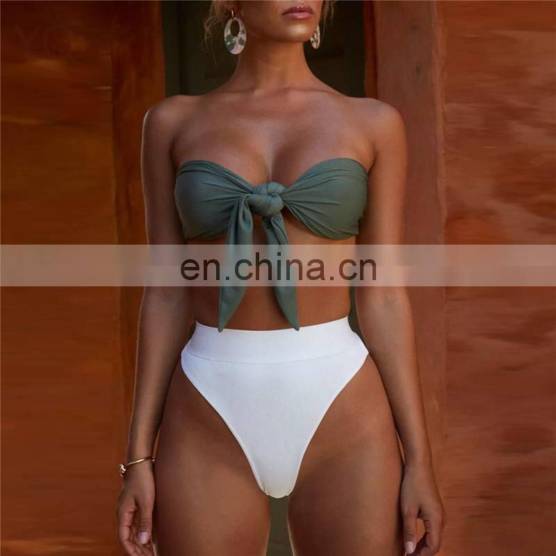 High Waist Strapless Bikini Set Woman Sexy Basic Front Chest Tie Push Up Swimsuit Tight G String Beach Mermaid Swimsuit