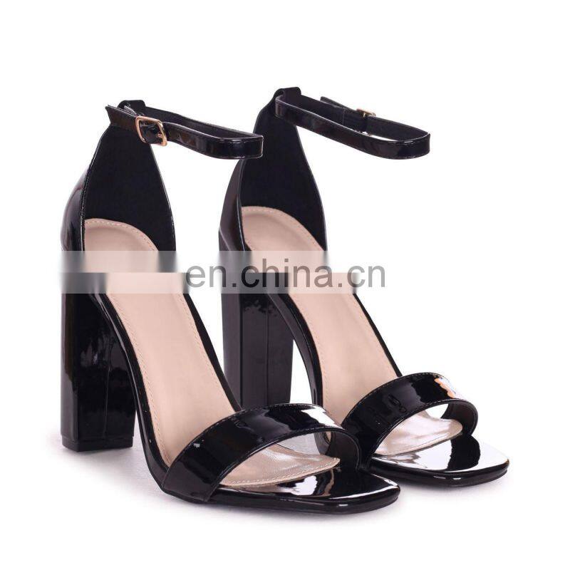 Ladies fancy handmade design high heels nude patent ankle strap block heel women sandals shoes
