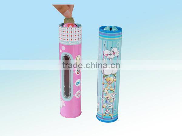 Cylinder kids saving box/round children money coin bank tin box