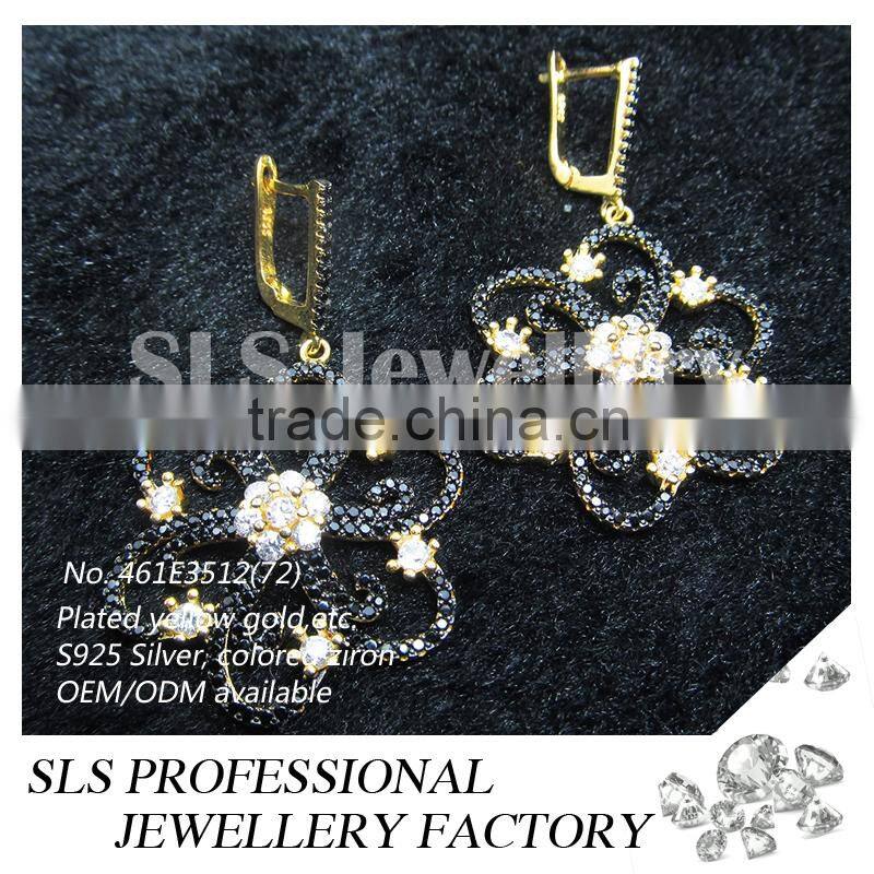 SLS women african inspired jewelry drop earrings silver fashion jewelry jhumka earrings with black CZ jewelry wholesale china