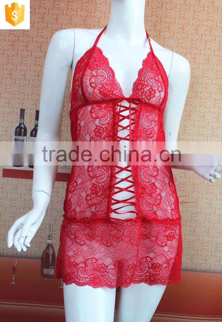 Red sexy lace mature lingerie, transparent sexy women lingerie nighty