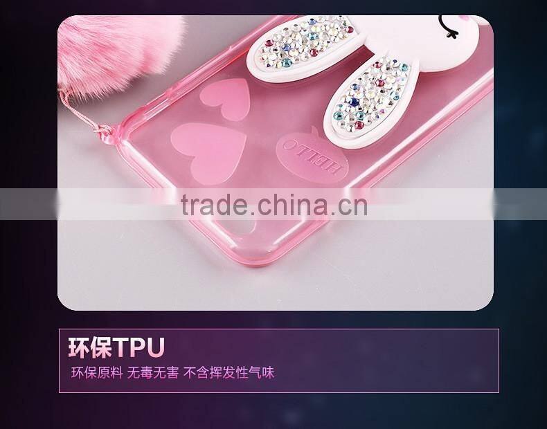 TPU Rhinestone Silicone Strap with Bracket Rabbit Fur Ball Case for iPhone 6S/6Plus