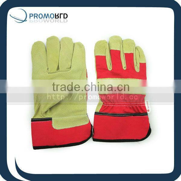Printed leather working gloves red color safty gloves pigskin