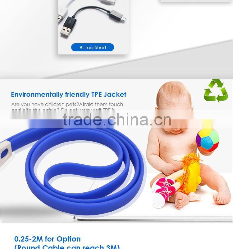 Tangle Free Flat Noodle 4ft Colored Micro USB Charger Cord for Android,Samsung