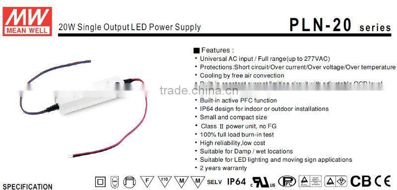 MW 20W PLN-20 Single Output LED Power Supply