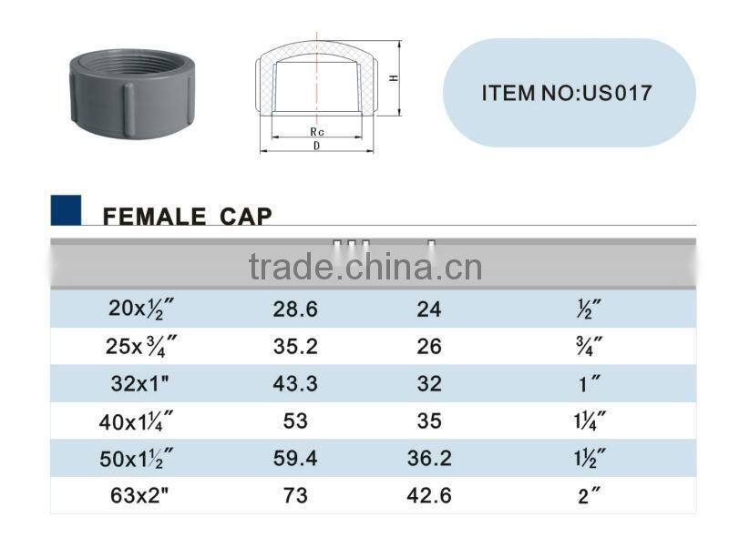 Made in China Factory PVC Pressure popular plastic Female Cap for 2014 pvc pipe fittings