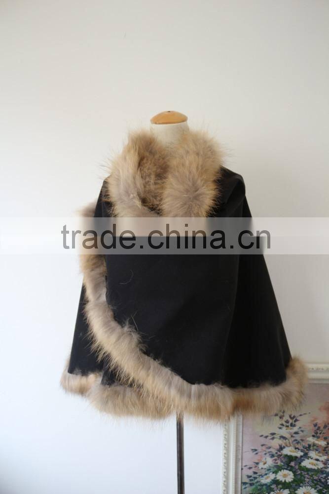 Graceful Natural Raccoon Fur Edge Cashmere Shawl Winter Fur Trim Pushmina Like Poncho Cape