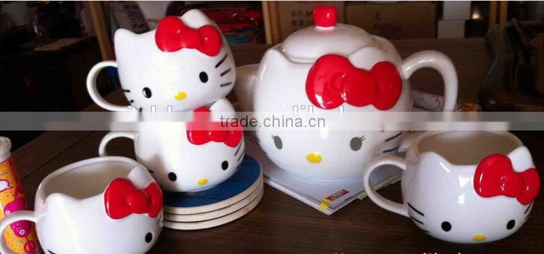 creative lovely cartoon pink red hello kitty cat gift ceramic teapot and mug 5 in 1 set
