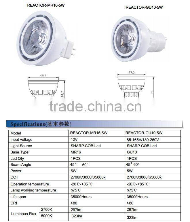 Hot Sale led spotlight led mr16 5w cob bulb CE ROHs Dimmable Sharp COB 2700K