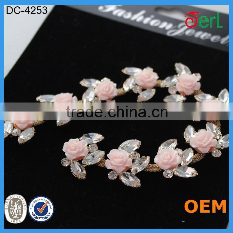 Newest Pink roses decorative rhinestone chain trim